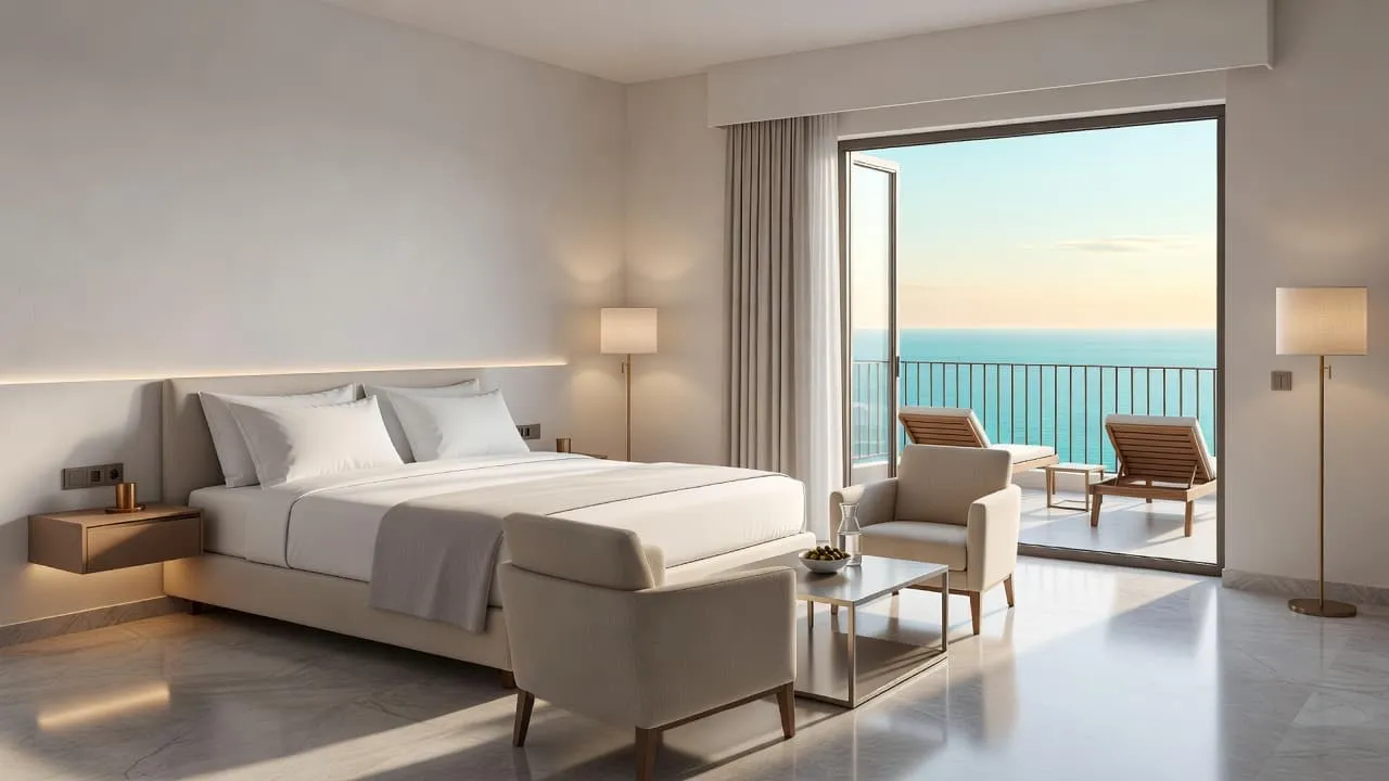 A bright hotel room features crisp white linens and an open glass door leading to a private balcony overlooking a serene coastal Mediterranean landscape.