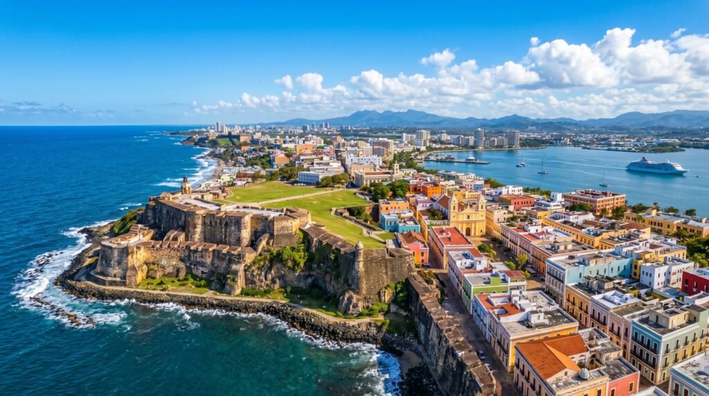 Aerial view of Old San Juan, Puerto Rico showing the historic Castillo San Felipe del Morro fortress on a rocky promontory surrounded by turquoise Atlantic Ocean waters, colorful colonial Spanish architecture with pastel buildings, large green fortress grounds, modern city skyline in the background, cruise ship in San Juan Bay, and distant mountains under a partly cloudy blue sky