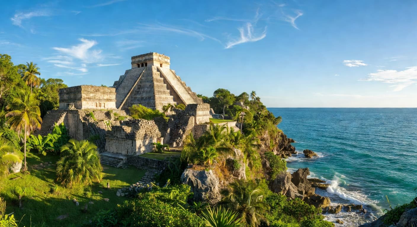 Stone Mayan ruins perch upon a rugged cliffside overlooking a vast blue ocean with lush tropical vegetation surrounding the weathered architecture under a brilliant clear sky.