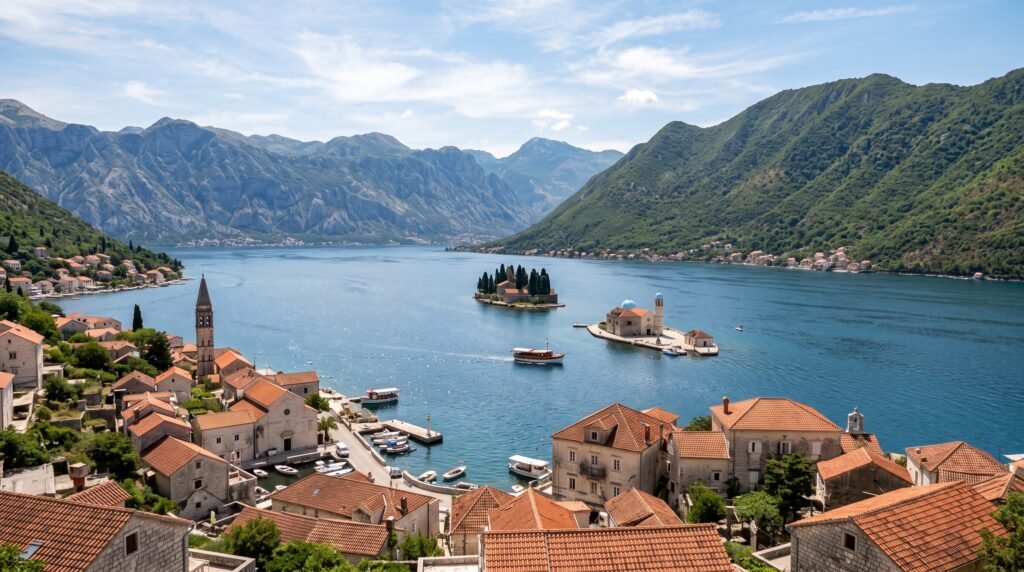 Aerial view of the Bay of Kotor in Montenegro showing the iconic Our Lady of the Rocks and Saint George islets in the turquoise bay waters, with the historic coastal town of Perast featuring terracotta-roofed stone buildings and bell tower in the foreground, dramatic green mountains rising steeply from the Adriatic coastline, small boats moored in the harbor and sailing on the calm blue water under a partly cloudy sky