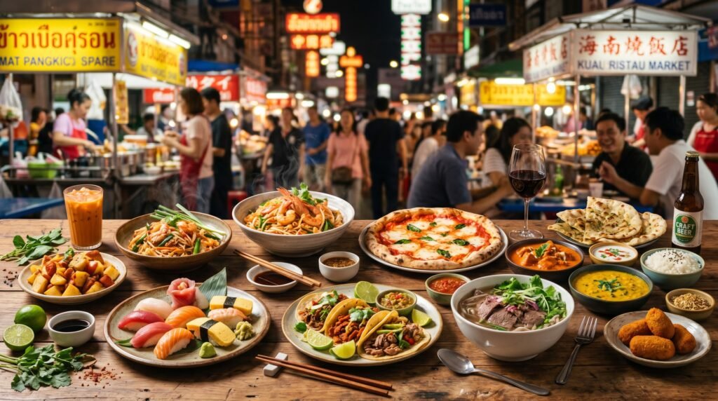 A busy night market table filled with international dishes, including sushi, pizza, curry, noodles, and soup, with diners and food stalls in the background.