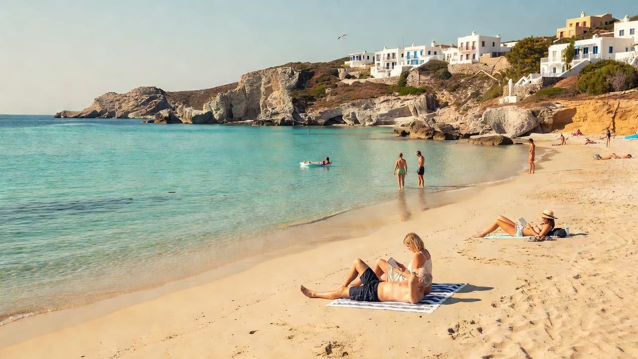 Turquoise waves gently lap onto pristine sand where a few sunbathers relax under a bright summer sky on a serene Greek beach.