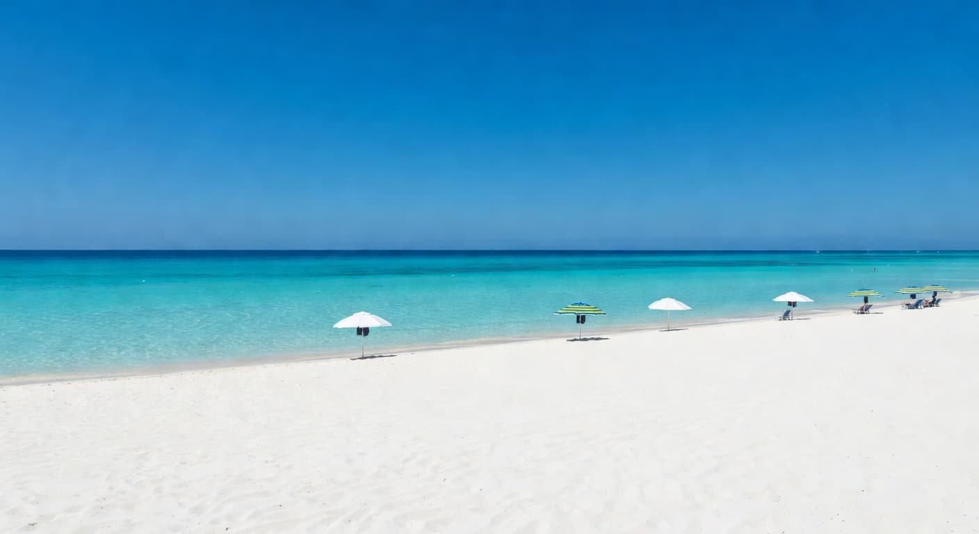 Vibrant turquoise waves gently roll onto the bright white sands of a secluded Mexican shoreline with sun-bleached umbrellas scattered along the vast coastal stretch under a deep azure sky.