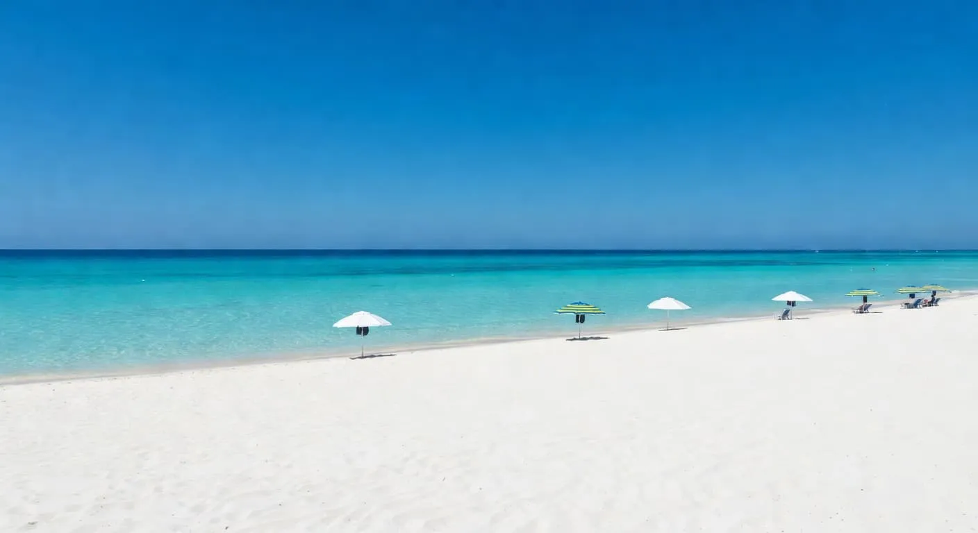 Vibrant turquoise waves gently roll onto the bright white sands of a secluded Mexican shoreline with sun-bleached umbrellas scattered along the vast coastal stretch under a deep azure sky.