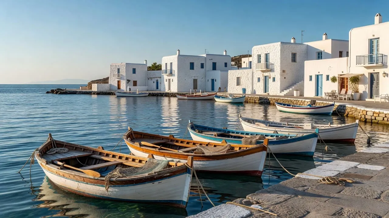 Small wooden fishing vessels float upon clear blue harbor waters beside whitewashed stone buildings on a quiet Greek island.