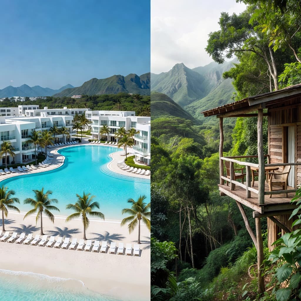The left side shows a sprawling white beachfront resort with swimming pools and palm trees. The right side features a rustic wooden balcony looking out toward misty rainforest mountains and lush greenery.