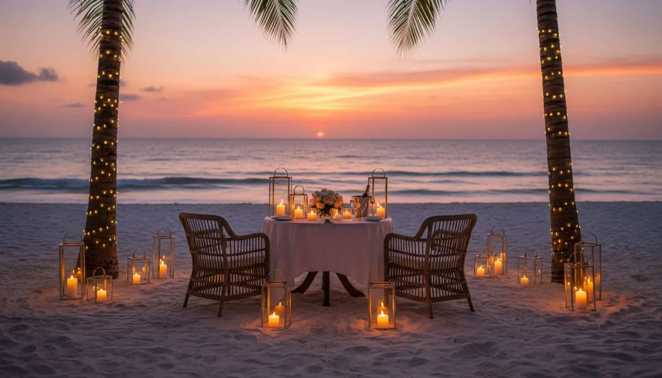 Two elegant chairs face a small wooden table draped in white fabric on a sandy beach with flickering candles and soft floral arrangements creating warm glow against calm ocean sunset.