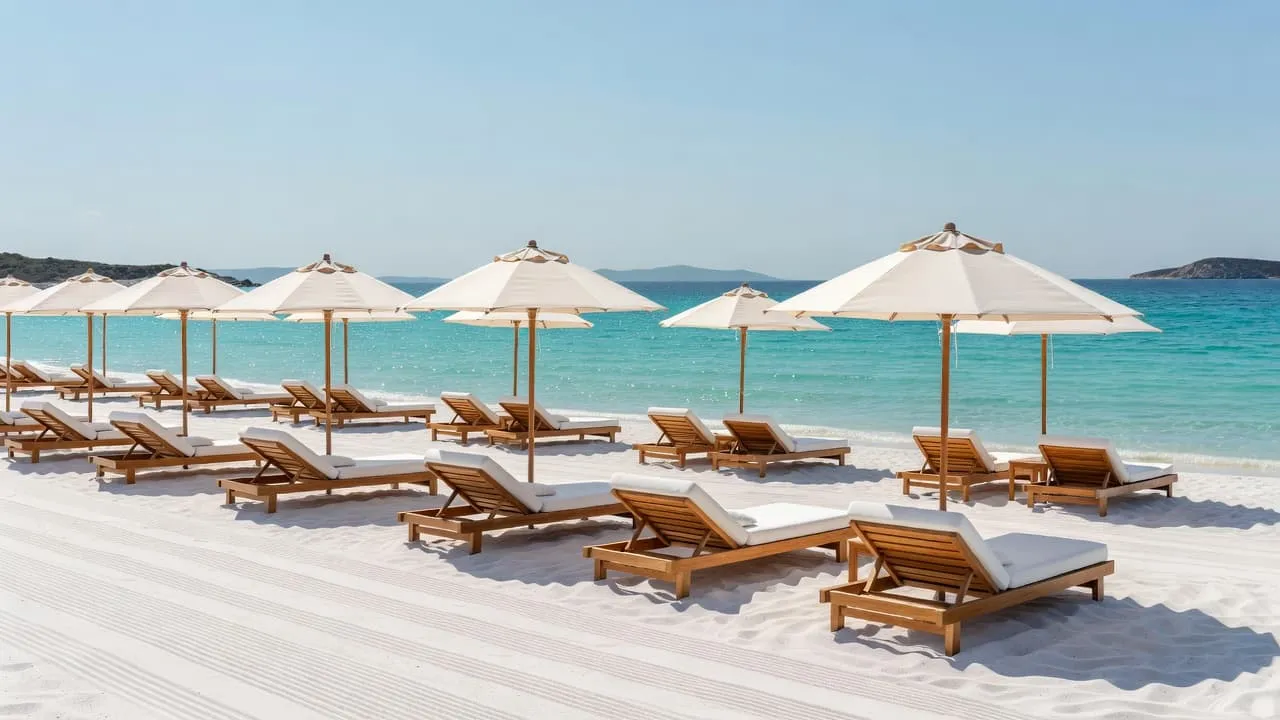Rows of beige sun loungers sit perfectly aligned on soft sand with the crystal clear turquoise sea sparkling in the distance under a bright sky.