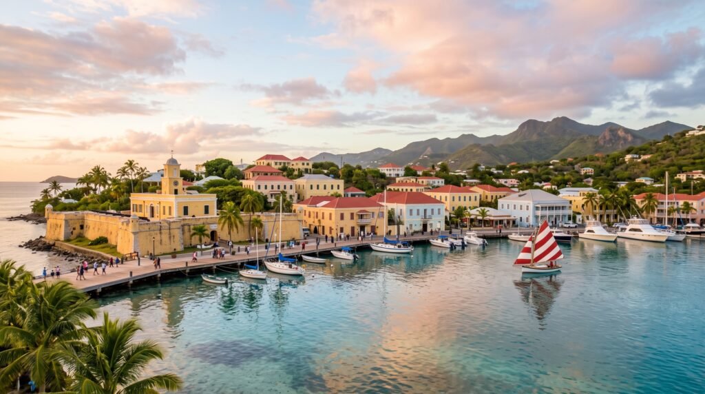 Scenic harbor view of Christiansted, St. Croix at sunset featuring the historic yellow Fort Christiansvaern with clock tower, colorful Danish colonial buildings with red roofs along the waterfront, sailboats and yachts moored in turquoise harbor waters, wooden boardwalk with people strolling, palm trees, lush green mountains in the background, and pink and blue sunset sky