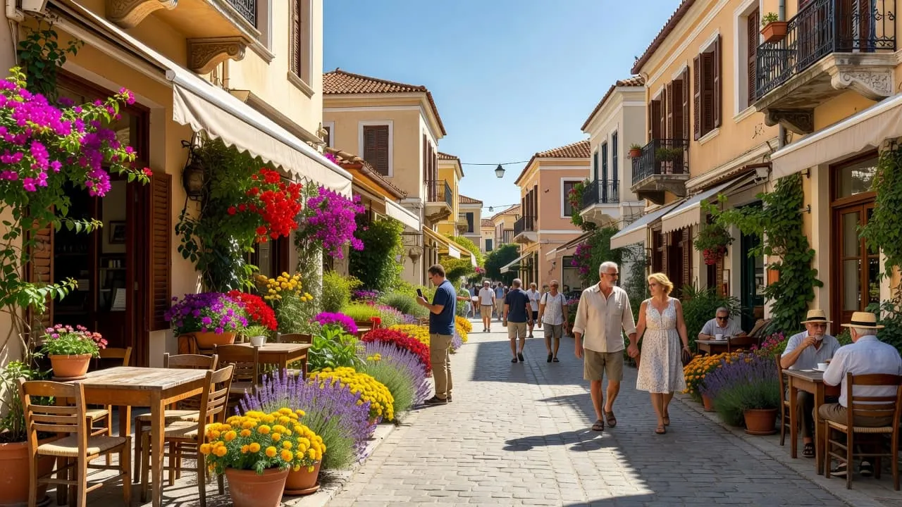 Vibrant pink flowers spill from window boxes above rustic outdoor tables on a cobblestone path in Athens under a bright blue Mediterranean sky.