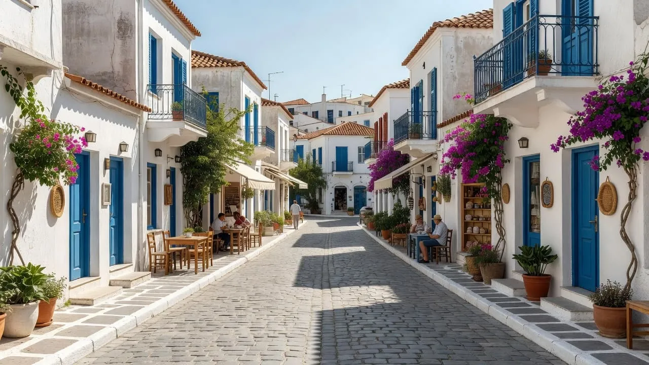 A narrow cobblestone path winds through a bright Greek village lined with charming cafes and colorful shops under sunny skies.