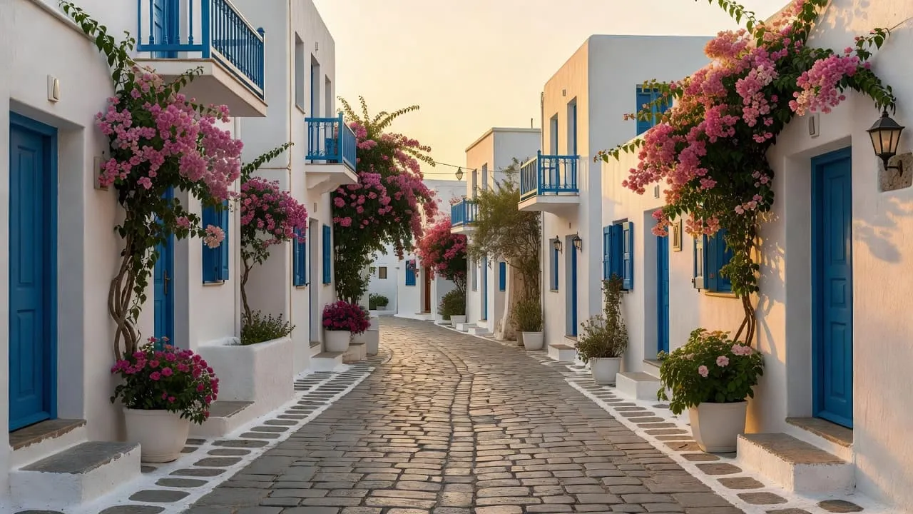 Vibrant pink bougainvillea spills over bright white-washed walls along a narrow cobblestone path in Greece during a peaceful golden sunset.