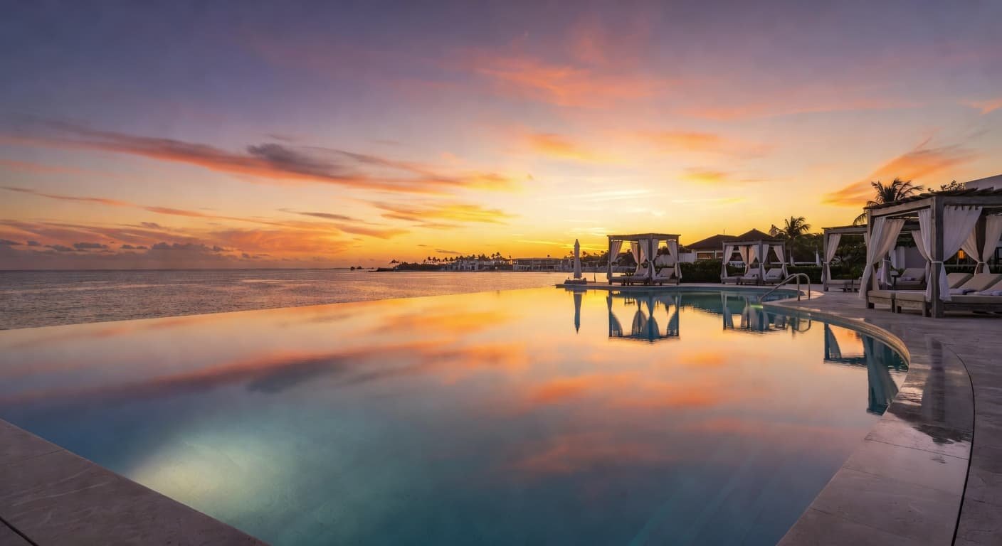 A tranquil swimming pool reflects the golden hues of a setting sun at a Cancun resort with soft ambient lights illuminating the pristine stone terrace and calm turquoise water during twilight hours.