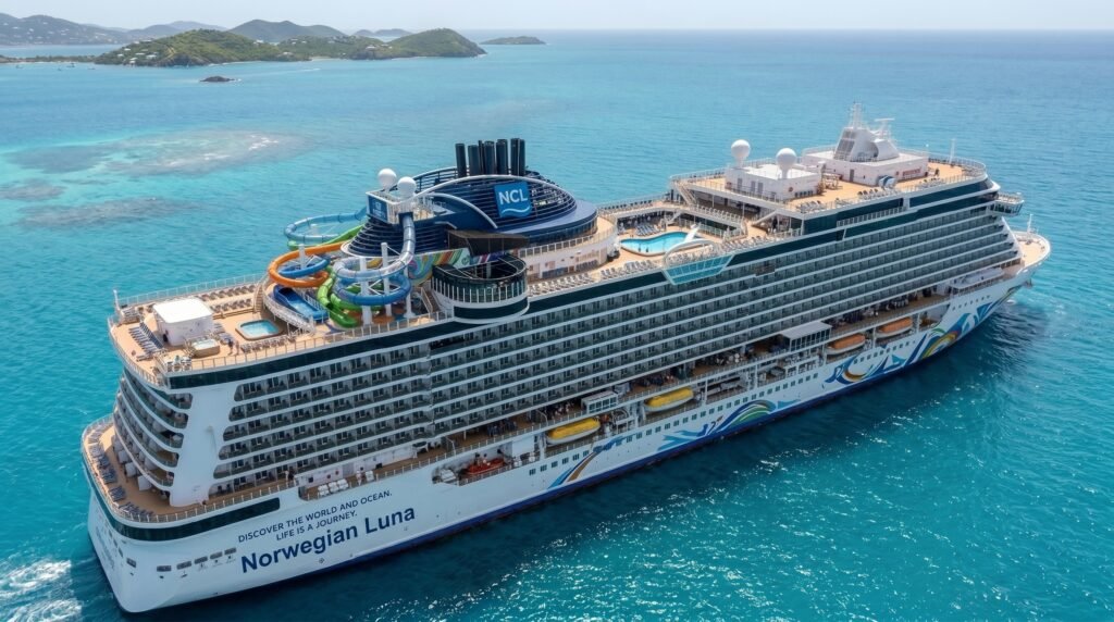 Aerial view of the Norwegian Luna cruise ship sailing in turquoise Caribbean waters near tropical islands, featuring colorful water slides in blue, orange, and green on the top deck, multiple passenger decks with balconies, the NCL logo on the funnel, yellow lifeboats along the side, and the ship's name 'Norwegian Luna' with slogan 'Discover the World and Ocean, Life is a Journey' visible on the white hull under a clear blue sky