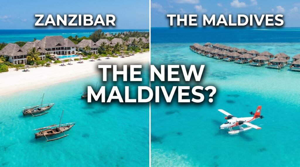Side-by-side comparison of Zanzibar and The Maldives beach resorts - left shows Zanzibar beachfront resort with thatched-roof buildings, white sand beach, palm trees, turquoise Indian Ocean water, and traditional wooden dhow boats; right displays The Maldives overwater bungalows with thatched roofs on stilts above crystal-clear turquoise lagoon with red and white seaplane in foreground; center text asks 'THE NEW MALDIVES?' suggesting Zanzibar as alternative destination