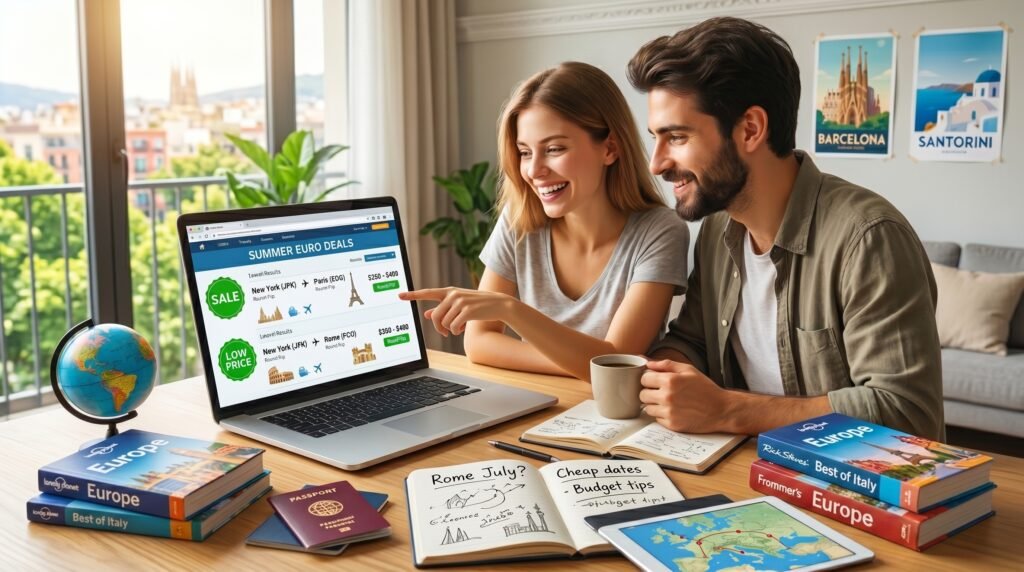 Happy couple planning European summer vacation at home, sitting at wooden table with laptop displaying 'Summer Euro Deals' showing flight prices from New York JFK to Paris for $250-$400 and Rome for $360-$460, surrounded by travel guidebooks including Lonely Planet Europe and Frommer's Best of Italy, passports, globe, notebooks with 'Rome July?' and 'Cheap dates Budget tips' written, tablet showing Europe map, coffee mug, and Barcelona and Santorini travel posters on wall, bright natural lighting from window
