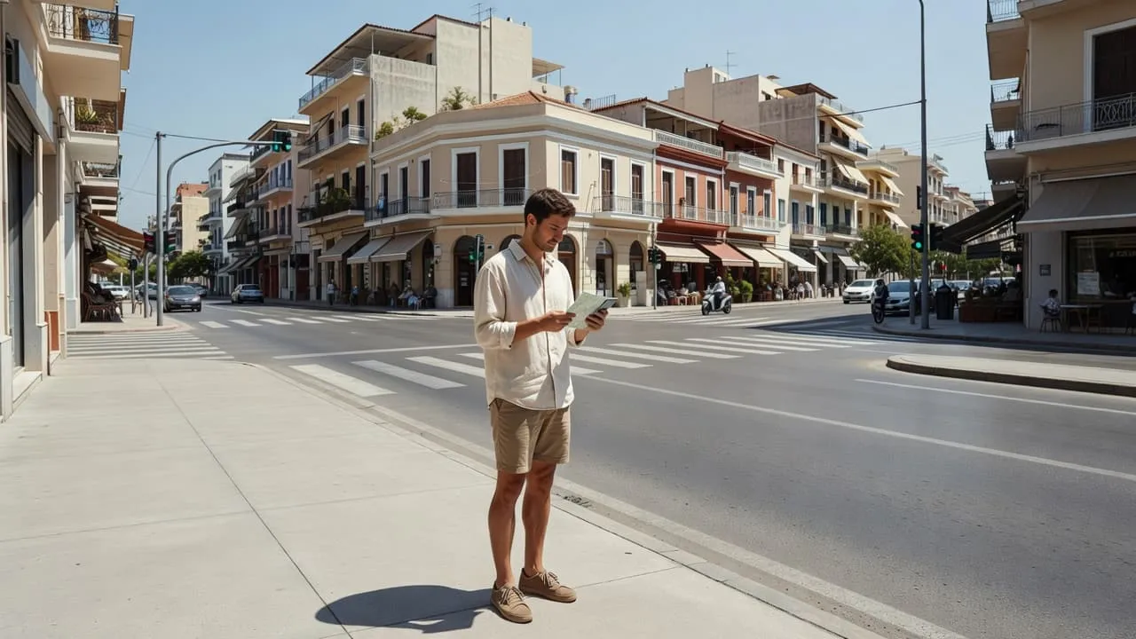 A traveler stands on a clean city sidewalk in Greece, intently checking a mobile map under bright sunlight.