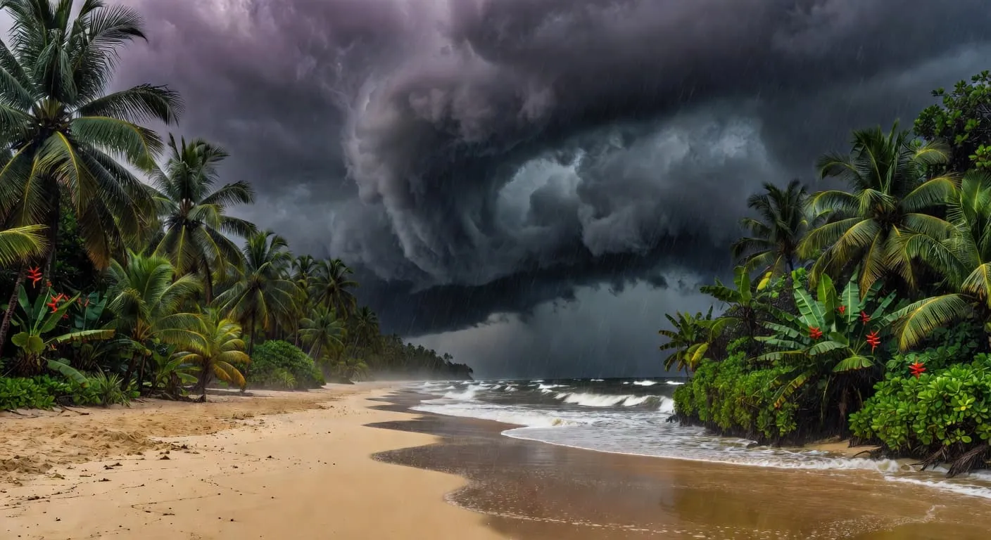 Dark heavy storm clouds hang over a tropical beach as rain streaks fall in the distance with churning ocean waves lapping against the sandy shore under an omnibus moody sky.