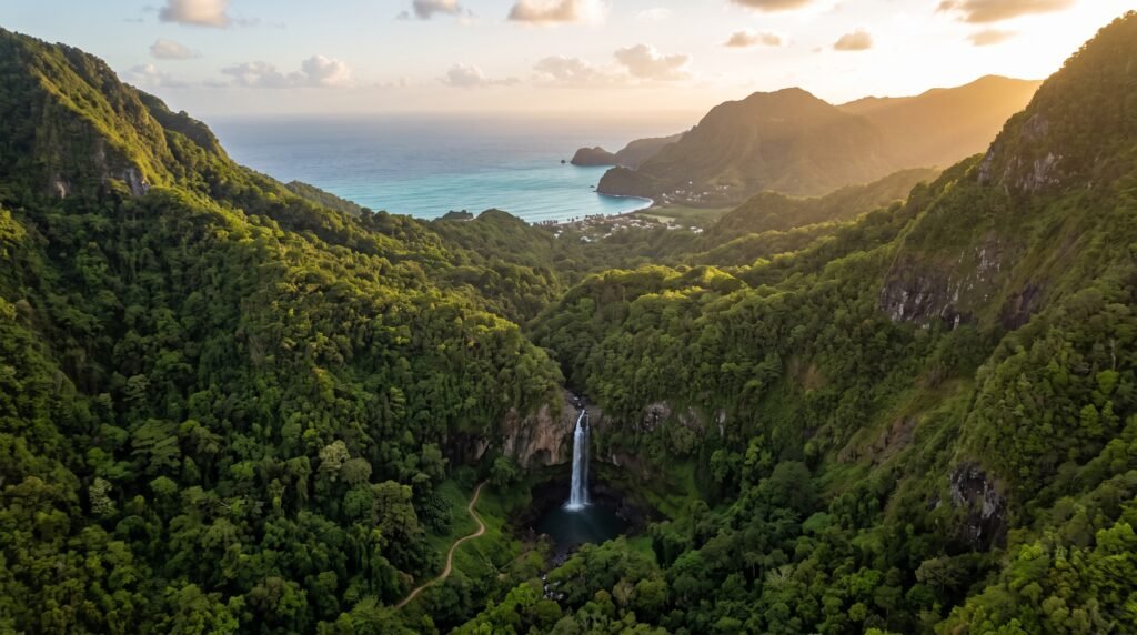 Aerial view of Dominica's lush rainforest landscape at golden hour, featuring a dramatic waterfall cascading into a natural pool surrounded by dense emerald green vegetation. The valley opens to a stunning coastal bay with turquoise waters, with steep mountain ridges covered in tropical forest framing the scene. A small coastal village is visible along the shoreline where the Caribbean Sea meets the rugged island terrain.