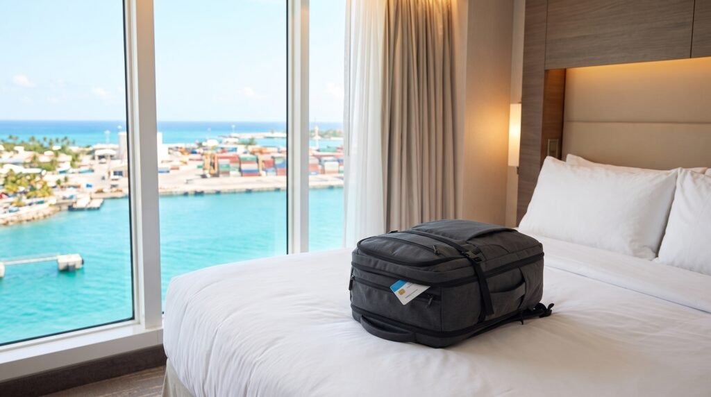 Gray carry-on travel backpack sitting on white hotel bed with large window showing turquoise Caribbean cruise port view, shipping containers, and palm trees - perfect for cruise vacation packing and minimalist one-bag travel