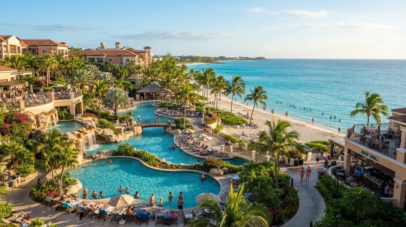 Palm trees and lagoon pools at a sunny luxury beach resort in the Bahamas.