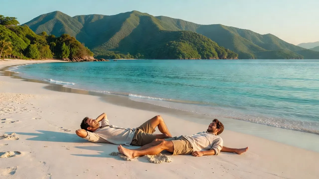 A couple sitting on a white sand beach with mountains and clear blue water in the background.