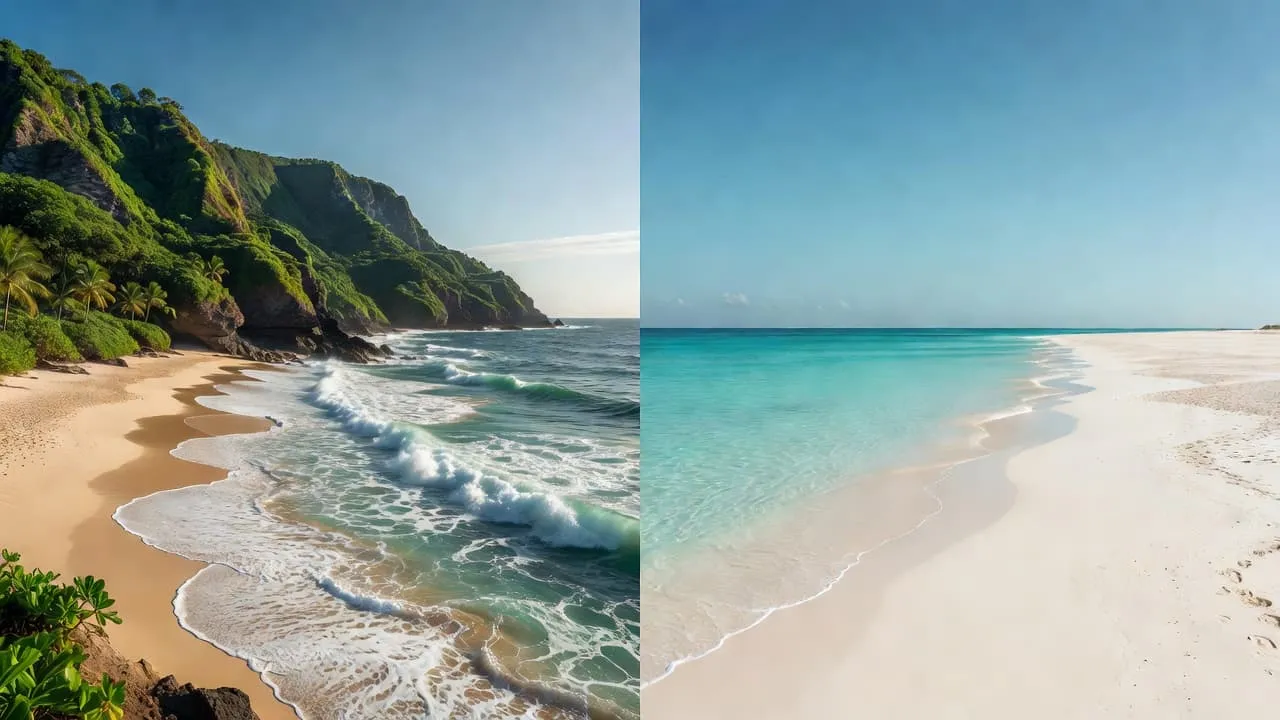 A split image showing green cliffs in Barbados beside a flat sandy beach in Aruba.