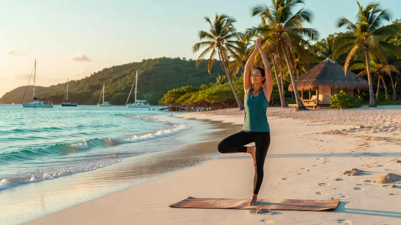 An athletic woman balances in a tree pose on a wooden mat atop white sand. The turquoise ocean meets a tropical shoreline featuring palm trees and distant sailboats at golden hour.