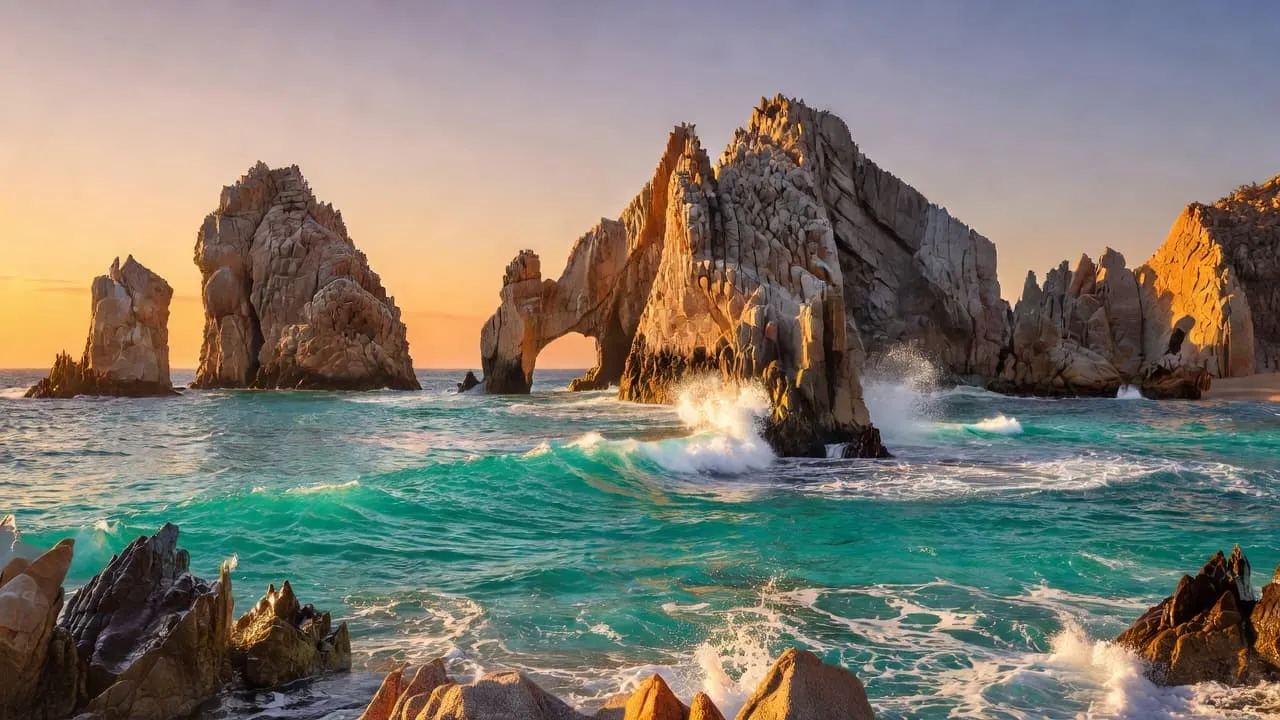 The massive granite arch of El Arco stands in the ocean during a golden sunset.