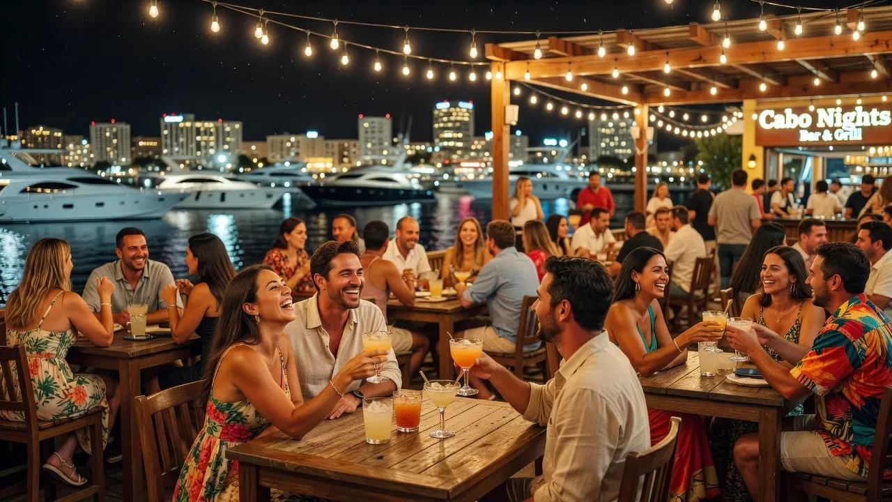People socializing at a vibrant outdoor bar overlooking the lit yachts in the Cabo marina at night.