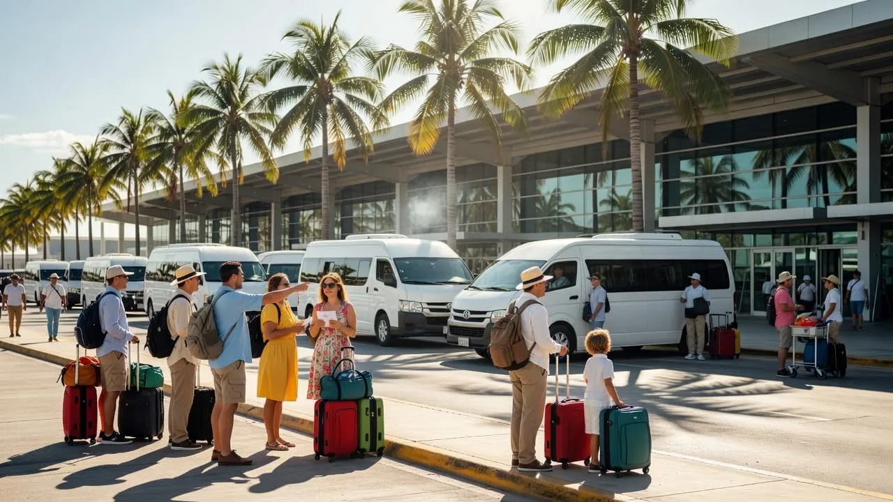 Travelers standing outside the Cancun airport terminal beneath tall palm trees in the sunlight.