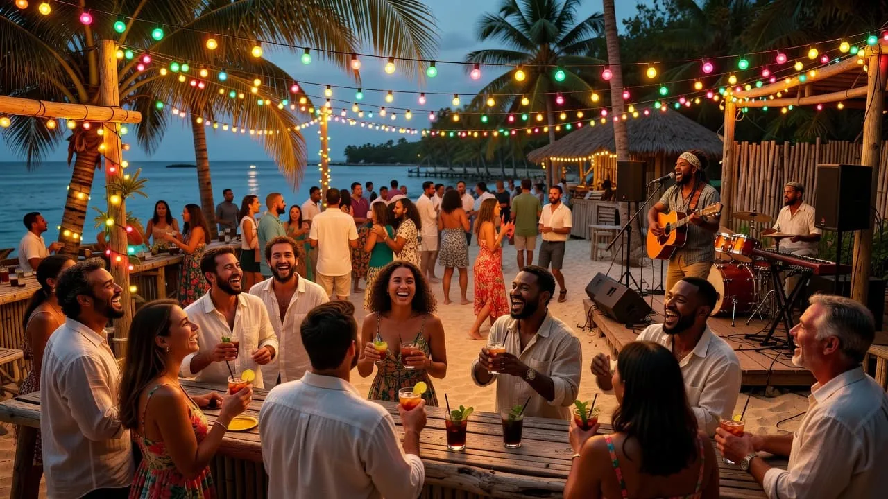 People socialize at a lively beach bar lit by colorful string lights while a band plays music.