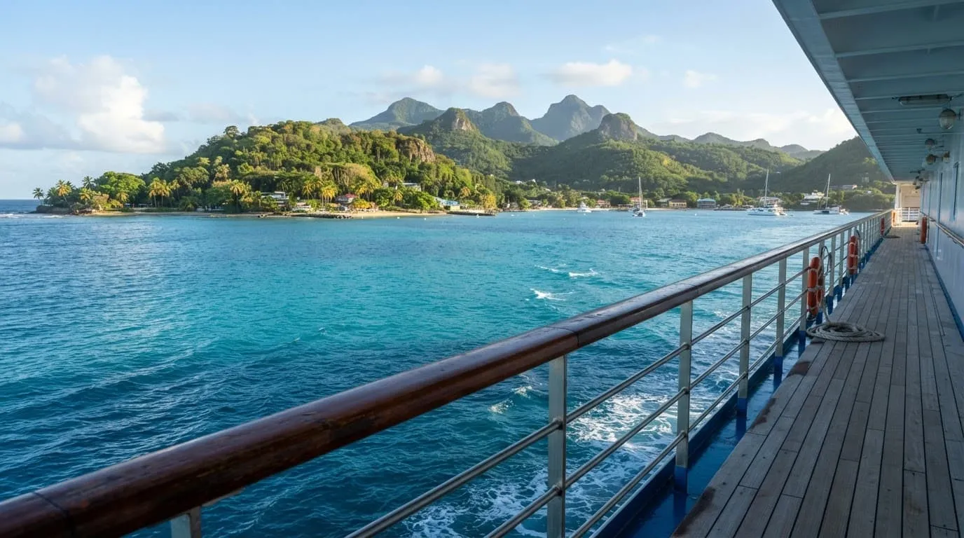 A cruise ship railing overlooking a turquoise sea and lush island.