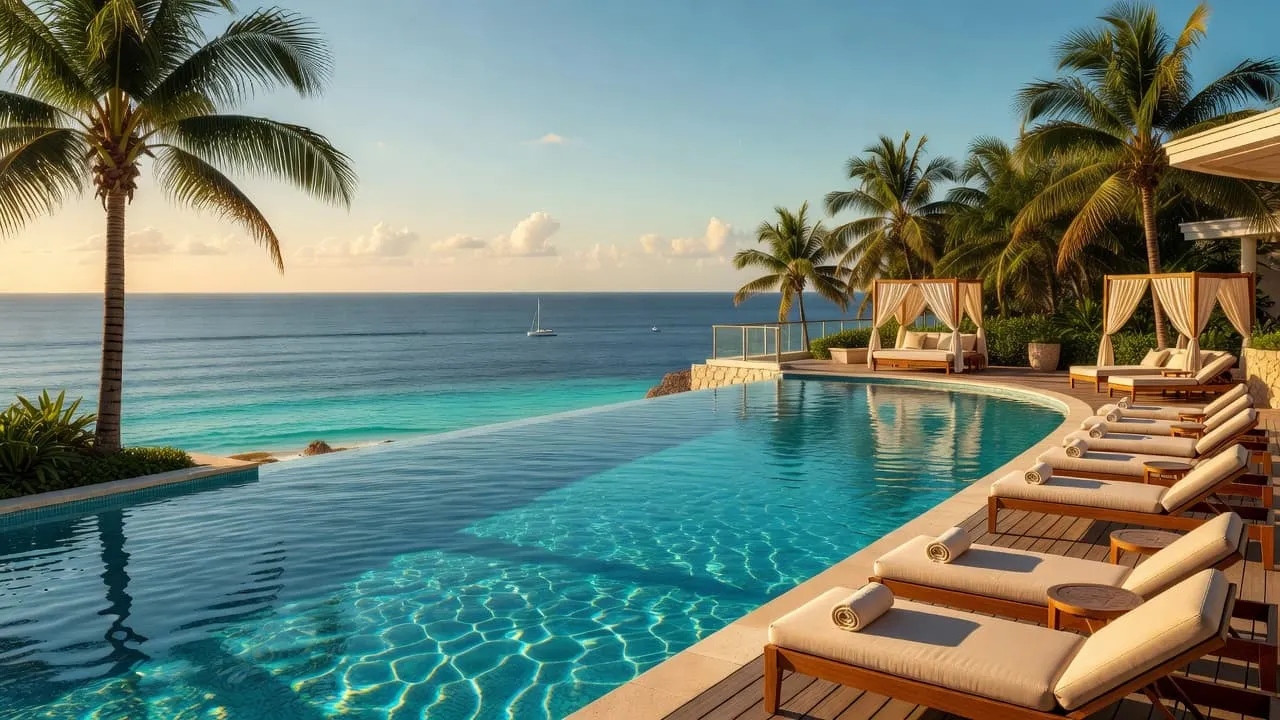 An infinity pool at a tropical resort overlooking the ocean.