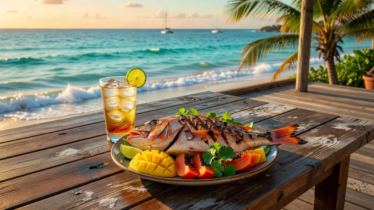A plate of grilled fish and a fruit cocktail sitting on a wooden table overlooking the ocean.