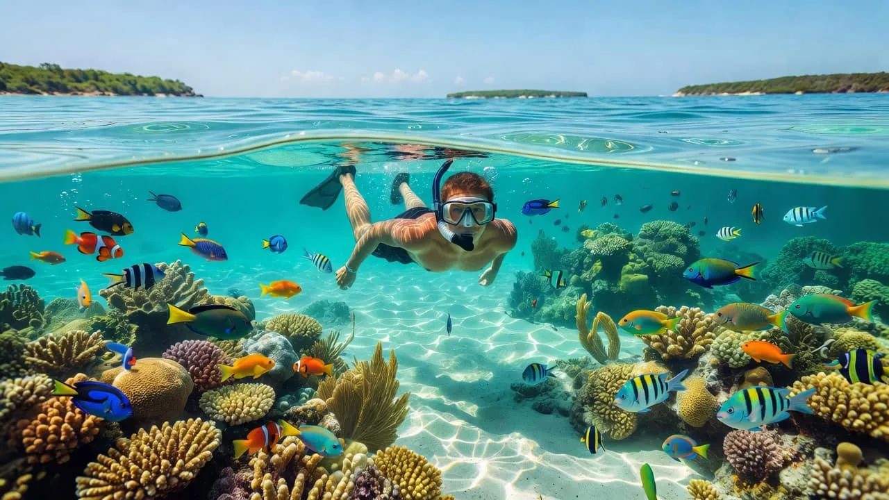 A split-level perspective reveals a person snorkeling in clear Caribbean waters above a colorful coral reef. Sunbeams create bright, wavy patterns on the sandy ocean floor amidst schools of tropical fish.