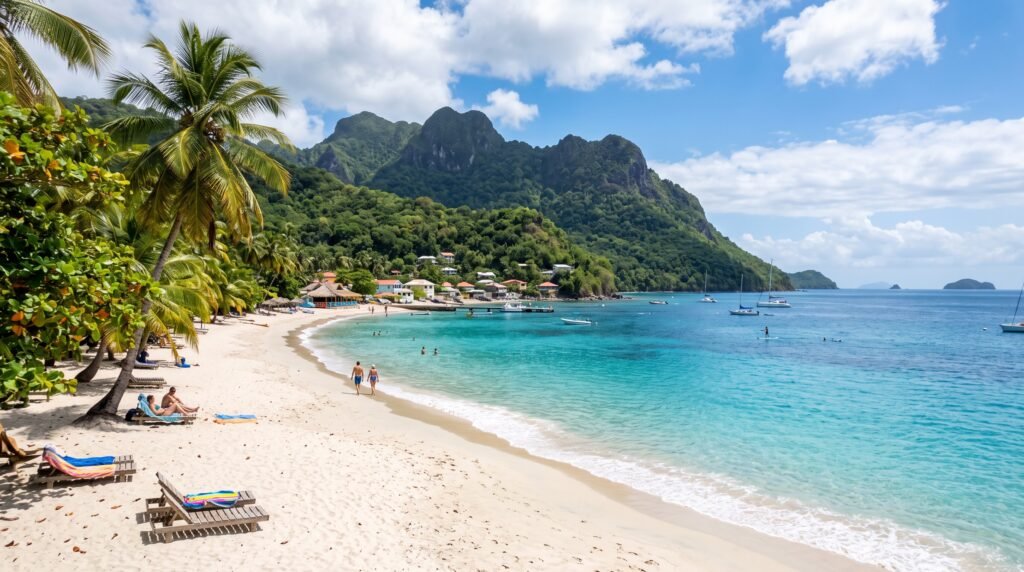 Tropical Caribbean beach with white sand, swaying palm trees, and turquoise water meeting dramatic green mountains in the background. A small coastal village with colorful buildings nestles at the base of the lush peaks, while sailboats and catamarans anchor in the calm blue bay. Beachgoers relax on wooden lounge chairs under palm shade while others stroll along the shoreline. The scene captures the perfect blend of beach relaxation and mountain scenery typical of islands like St. Lucia or Dominica.