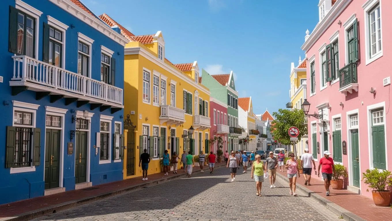 Brightly painted pink, yellow, and blue colonial buildings line a narrow cobblestone street under a clear sky. Authentic Caribbean architecture reflects the historic charm and lively cultural spirit of Curacao.