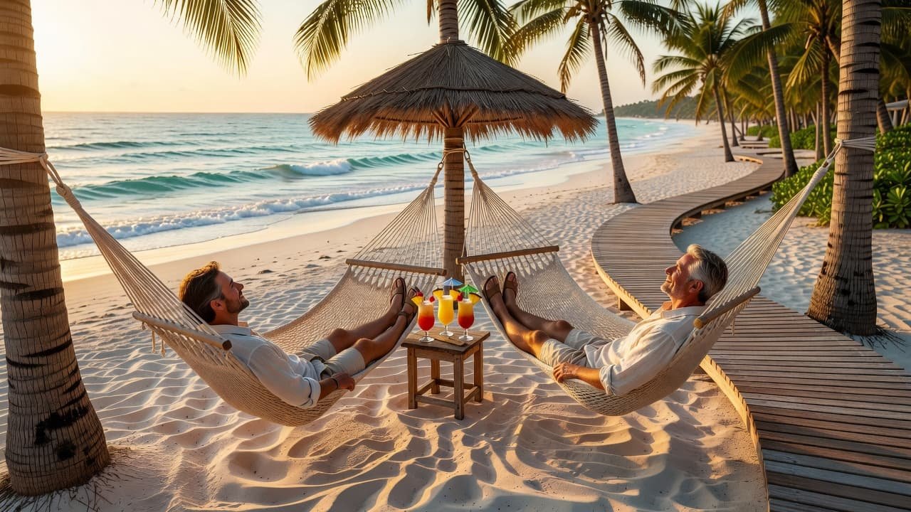A couple rests in hammocks strung between palm trees on a white sand shore. Nearby tropical drinks sit on a wooden boardwalk as gentle turquoise waves lap against the sandy coastline.