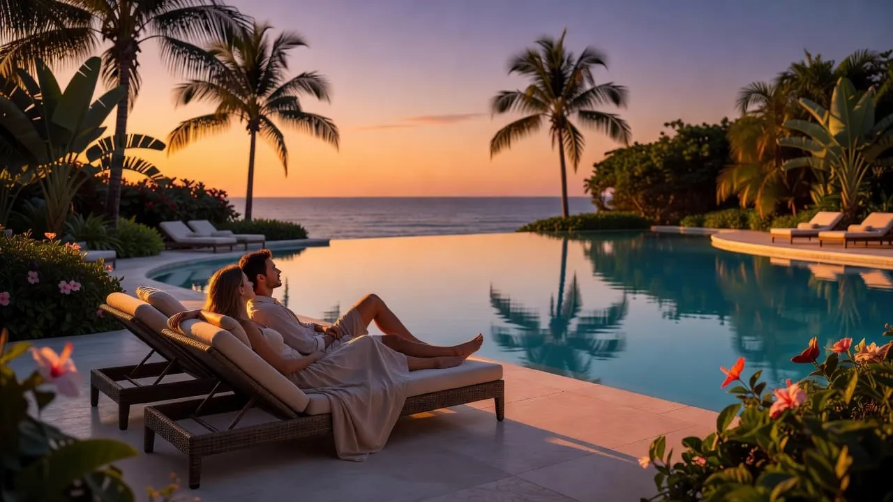 A man and woman recline in lounge chairs beside a shimmering infinity pool during sunset. Silhouetted palm trees frame the horizon while the warm golden light illuminates the tranquil resort atmosphere.