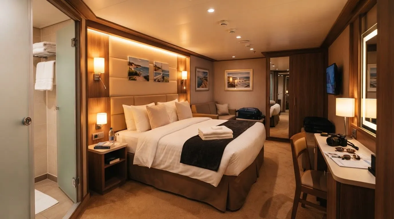A cozy cruise cabin with a neatly made bed and warm bedside lighting.