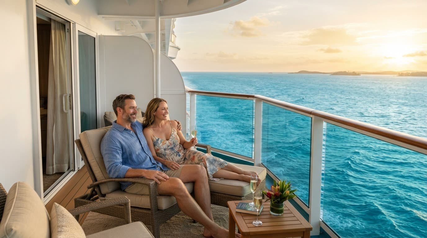 A couple sits on a cruise balcony overlooking turquoise Caribbean water.