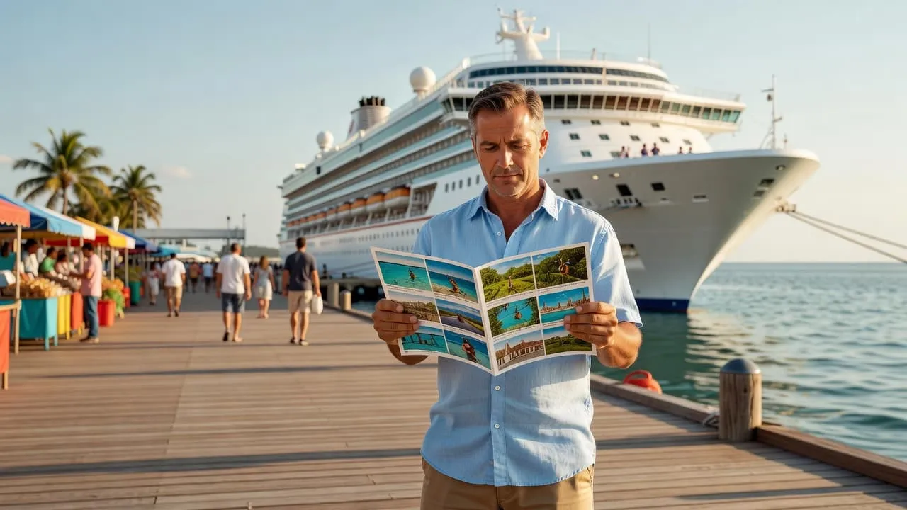 A traveler in casual summer attire stands on a sunny tropical pier examining an excursion brochure with a massive cruise ship in the background.
