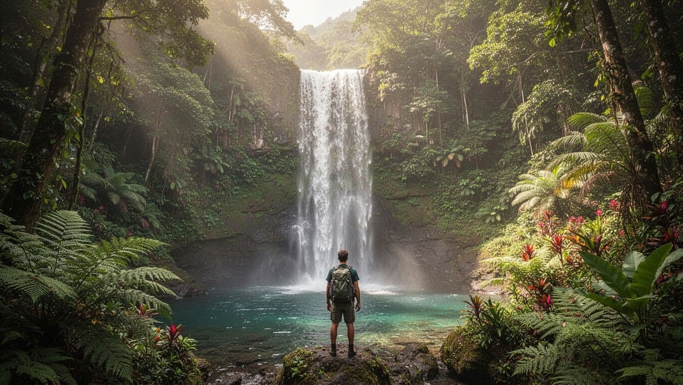 A cascading waterfall pours into a crystal clear pool surrounded by lush ferns and dense tropical vegetation. Soft morning sunlight filters through the dense canopy above onto an exploring traveler.