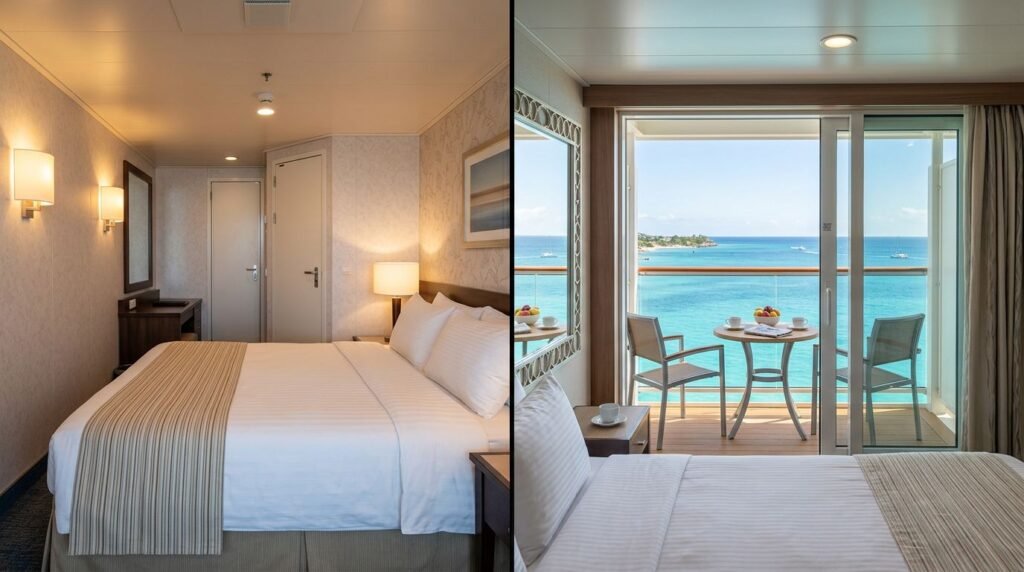 Interior and balcony cruise cabins compared beside the Caribbean Sea.