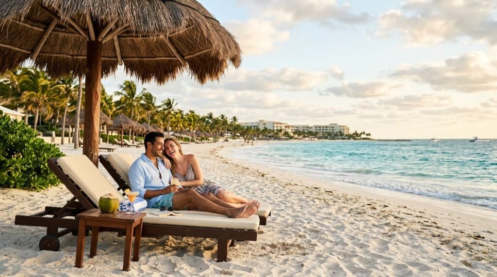 A traveler relaxes on a wooden dock with a tropical drink overlooking calm turquoise water at sunset in Cancun.