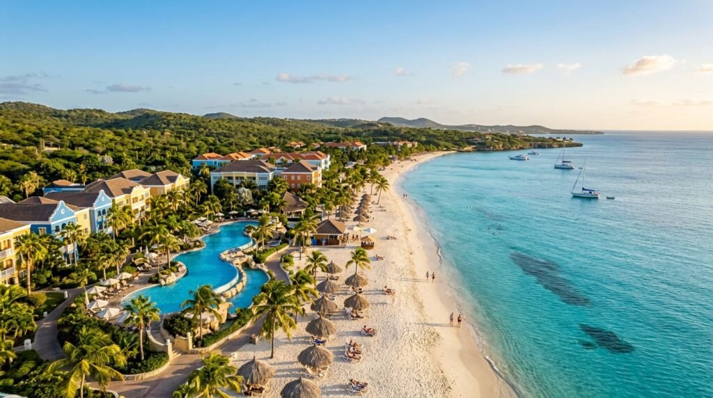 An aerial view of a colorful beachfront resort with a pool and palm trees by turquoise Caribbean water.