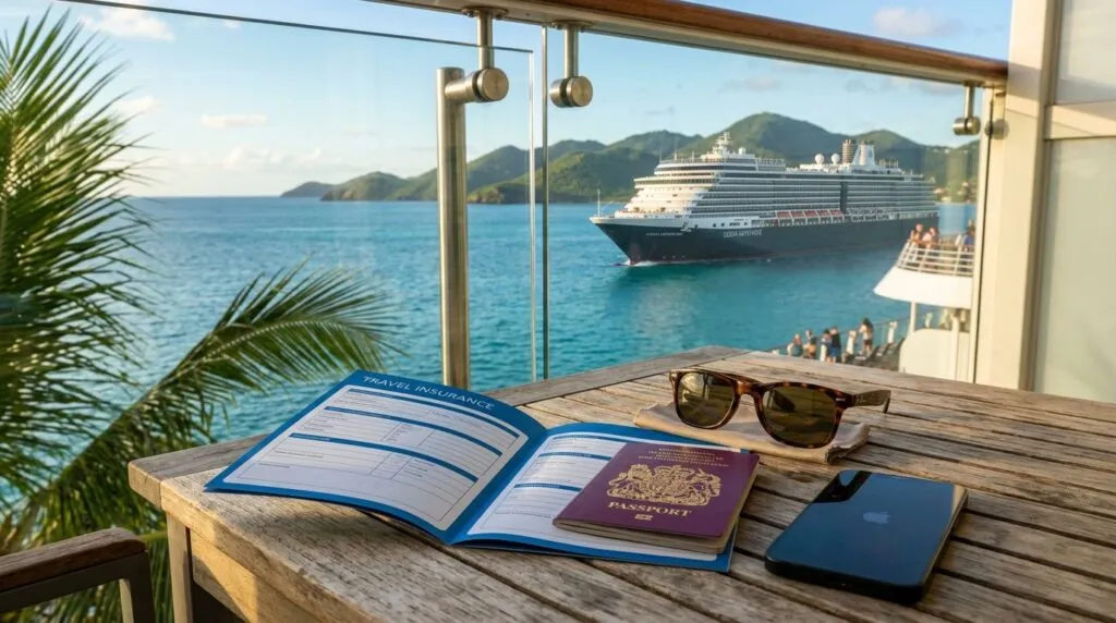 Travel documents and a passport on a sunny cruise ship balcony table overlooking turquoise water and green islands.