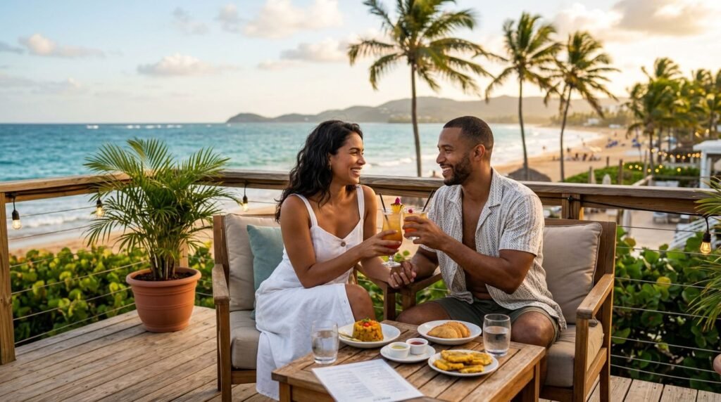 A smiling couple shares a tropical cocktail on a sunny beach terrace in Isla Verde.