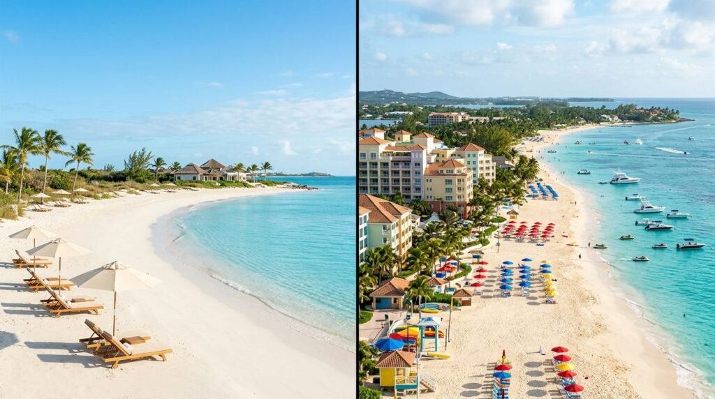 A split-screen photo comparing a calm luxury beach and a lively resort shoreline.
